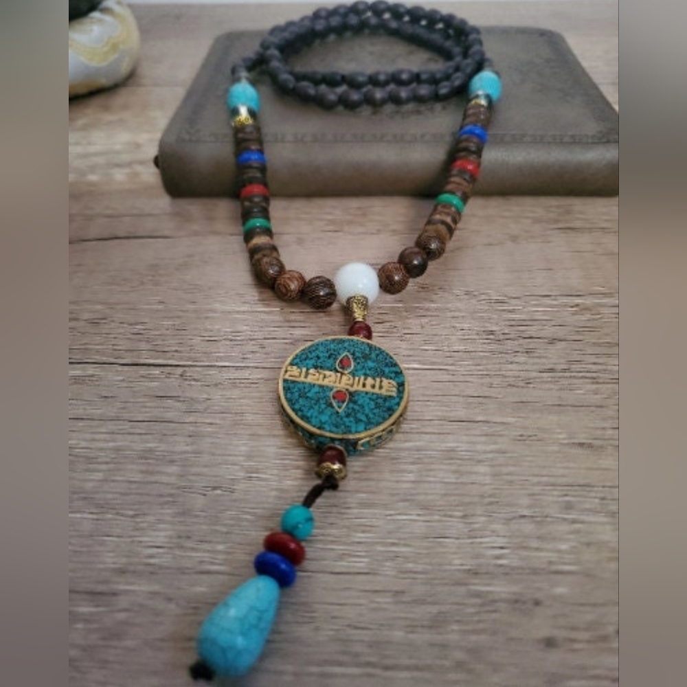 Nepal Buddhist Mala Wood Beaded Pendant Necklace Ethnic Bohemian Boho Necklace